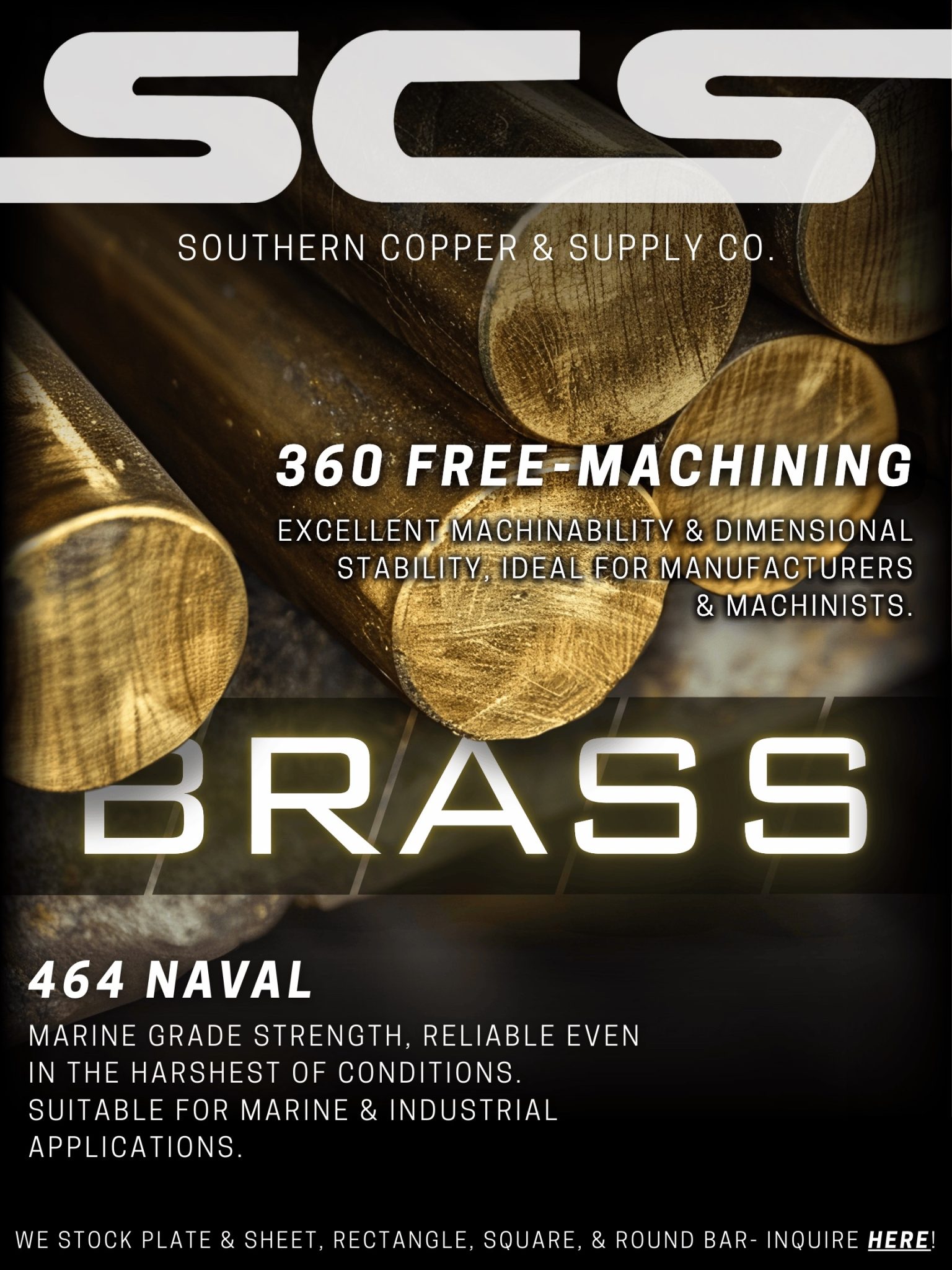 Brass round bars from Southern Copper & Supply Co., featuring 360 free-machining brass and 464 naval brass for industrial and marine use.